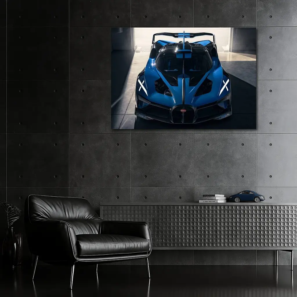 Bugatti Bolide Blue Supercar Garage Shot – Wall Art