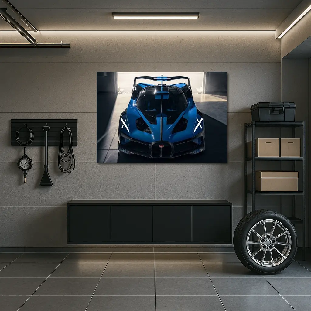 Bugatti Bolide Blue Supercar Garage Shot – Wall Art