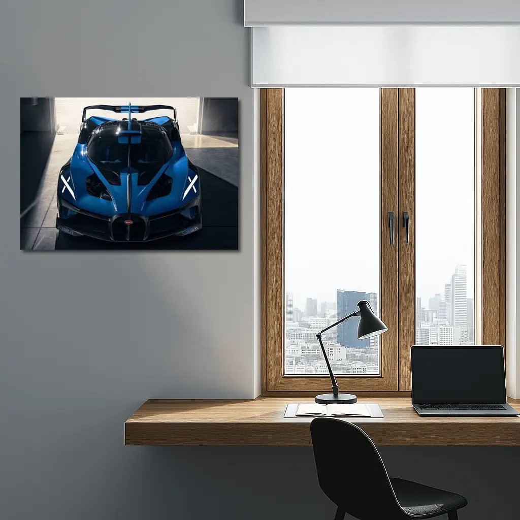 Bugatti Bolide Blue Supercar Garage Shot – Wall Art