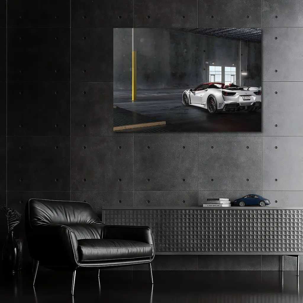 Ferrari 488 White Supercar Inside Industrial Garage – Wall Art