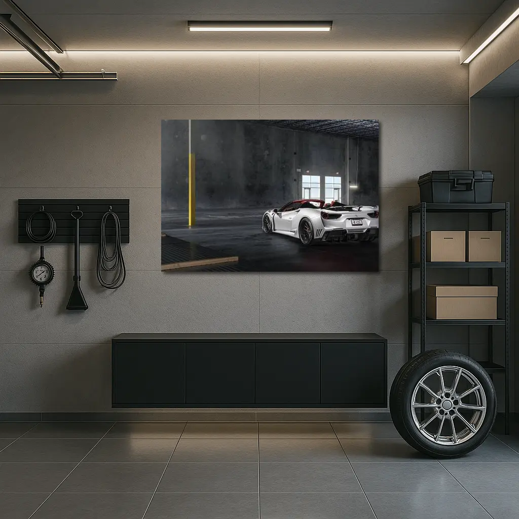 Ferrari 488 White Supercar Inside Industrial Garage – Wall Art
