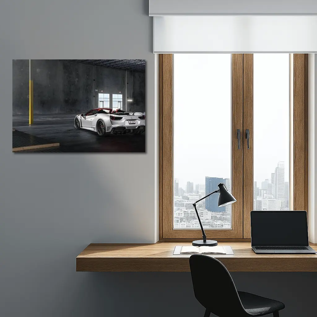 Ferrari 488 White Supercar Inside Industrial Garage – Wall Art