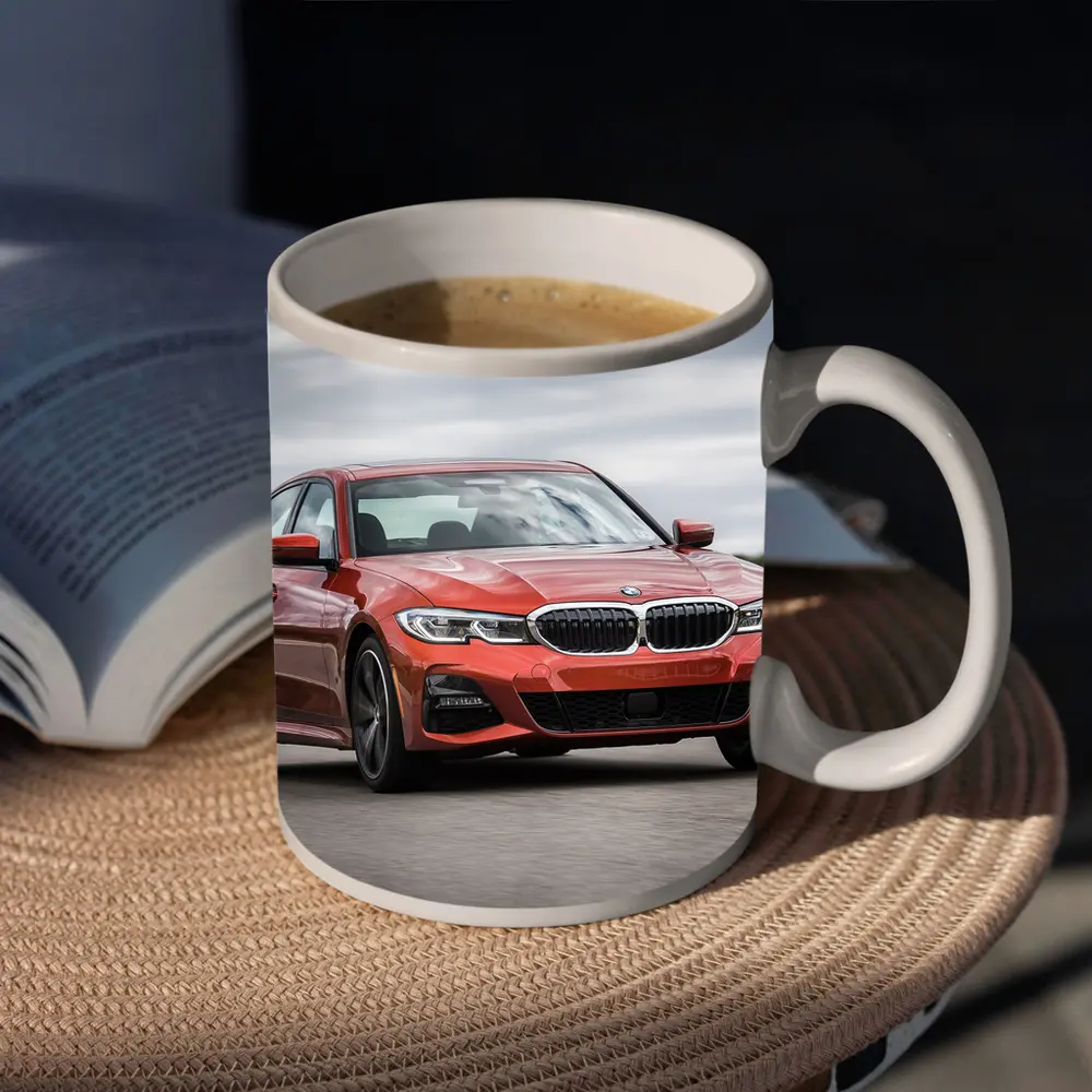 BMW 3 Series Red Sedan On Road – Mugs