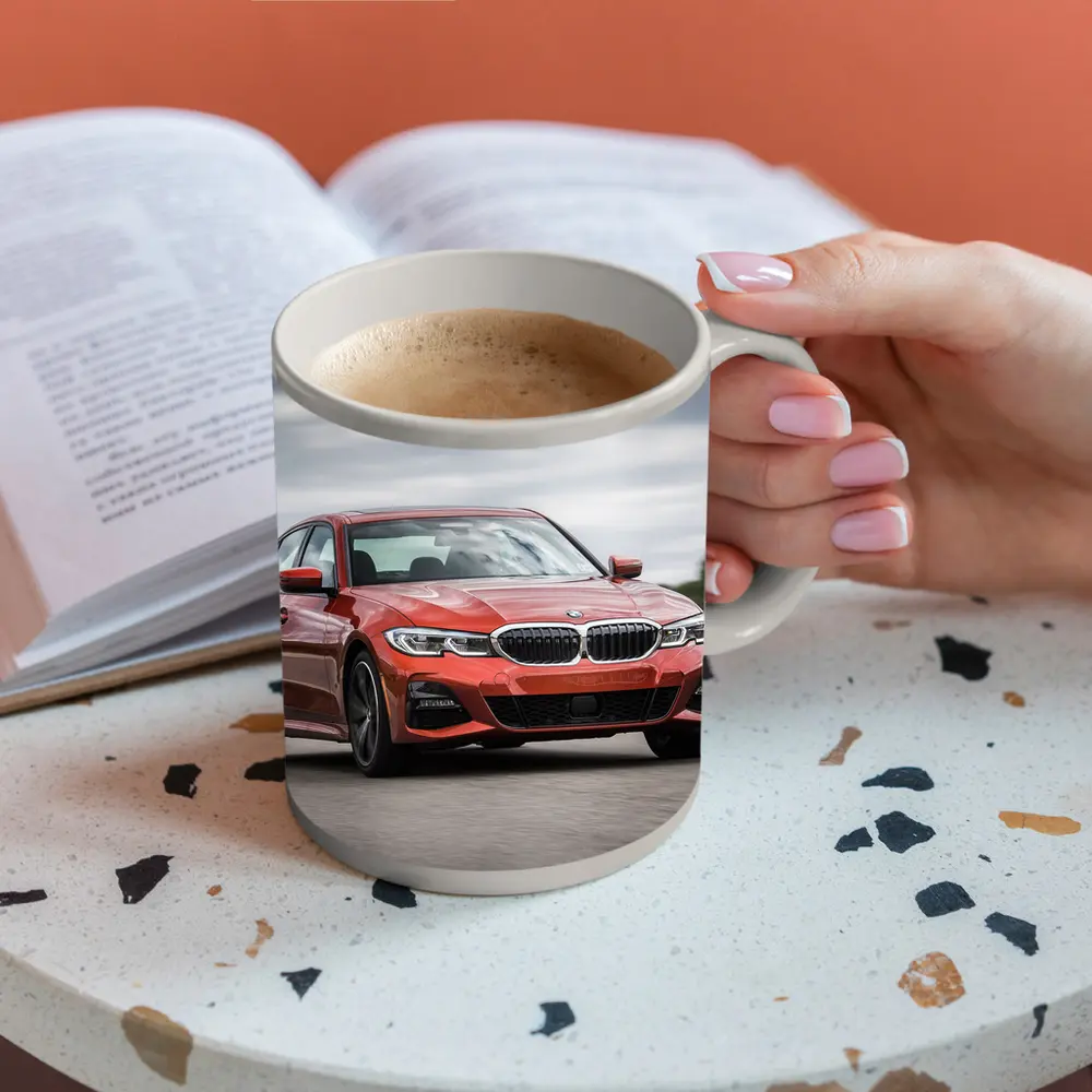 BMW 3 Series Red Sedan On Road – Mugs
