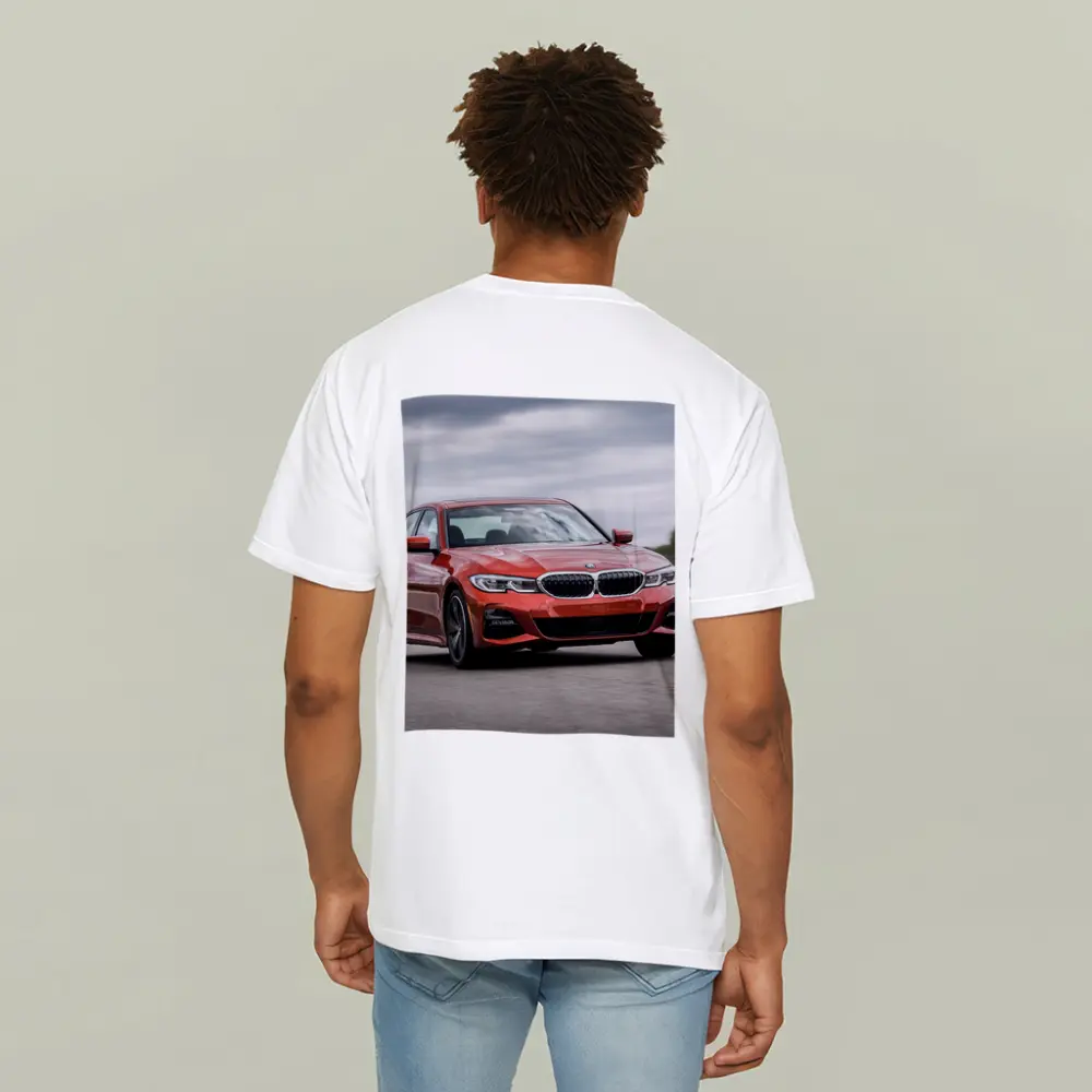BMW 3 Series Red Sedan On Road – T-Shirts