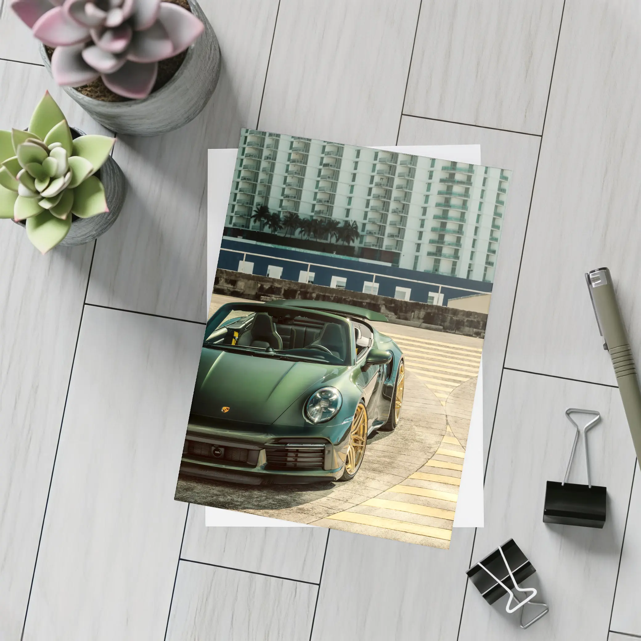 Porsche 911 Green City Waterfront Parking – Postcards