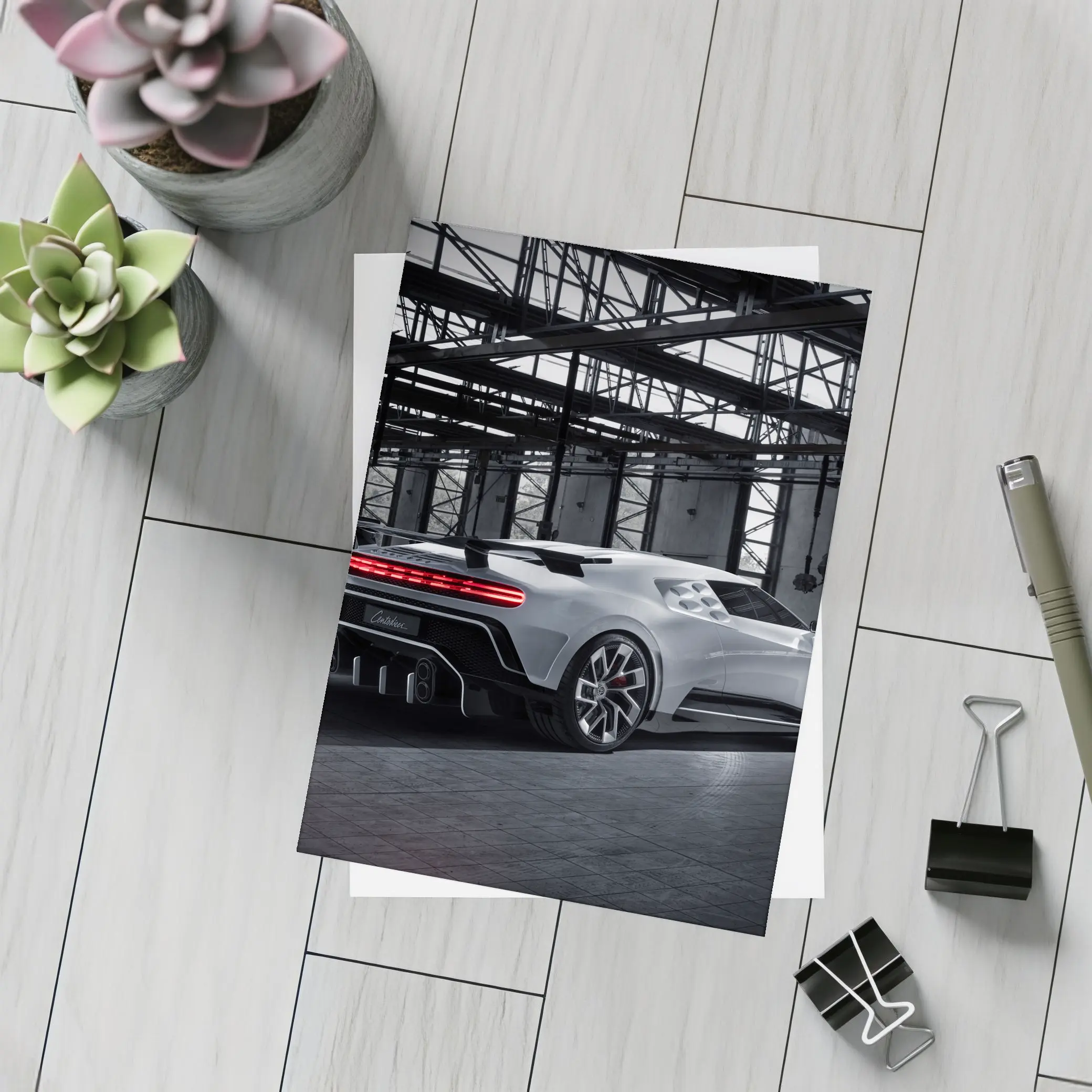 Bugatti Centodieci Silver Hypercar Industrial Warehouse – Postcards