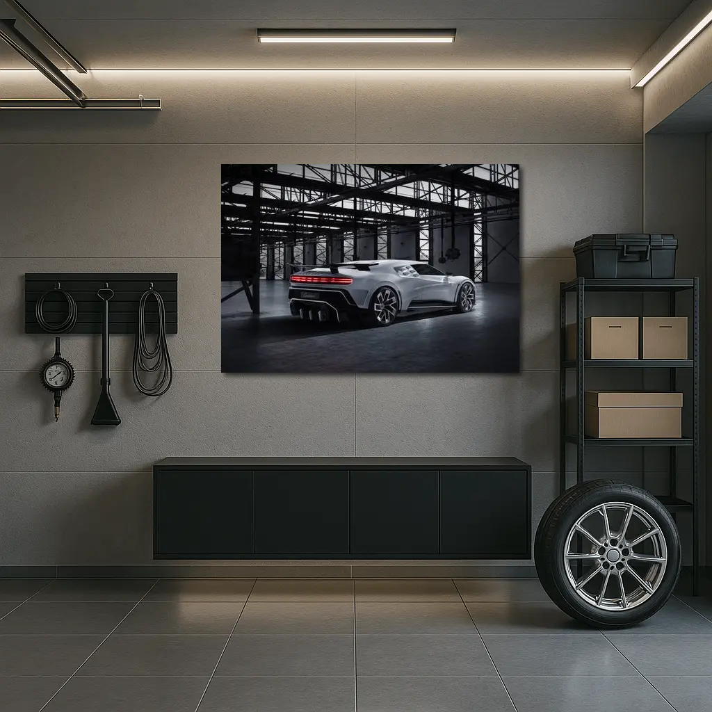 Bugatti Centodieci Silver Hypercar Industrial Warehouse – Wall Art