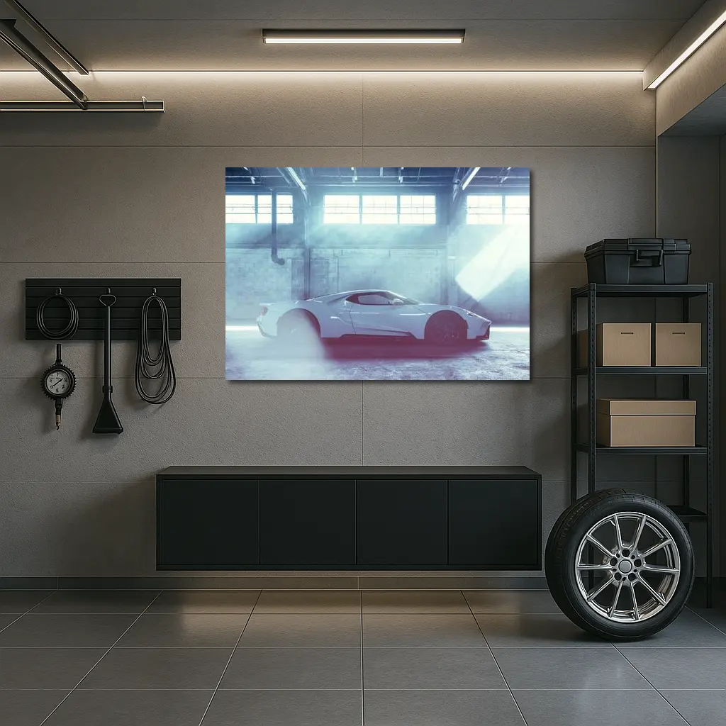 Ford GT Supercar In Smoky Warehouse – Wall Art
