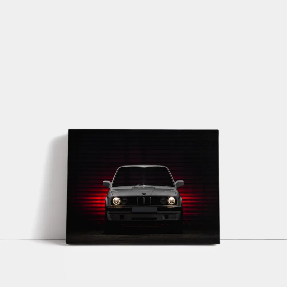 BMW E30 Front View Dark Red Background – Wall Art