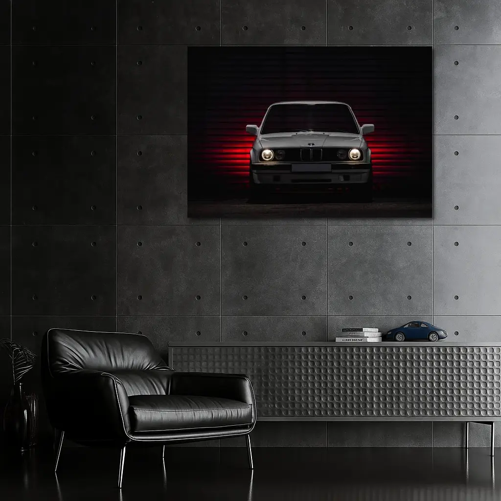 BMW E30 Front View Dark Red Background – Wall Art