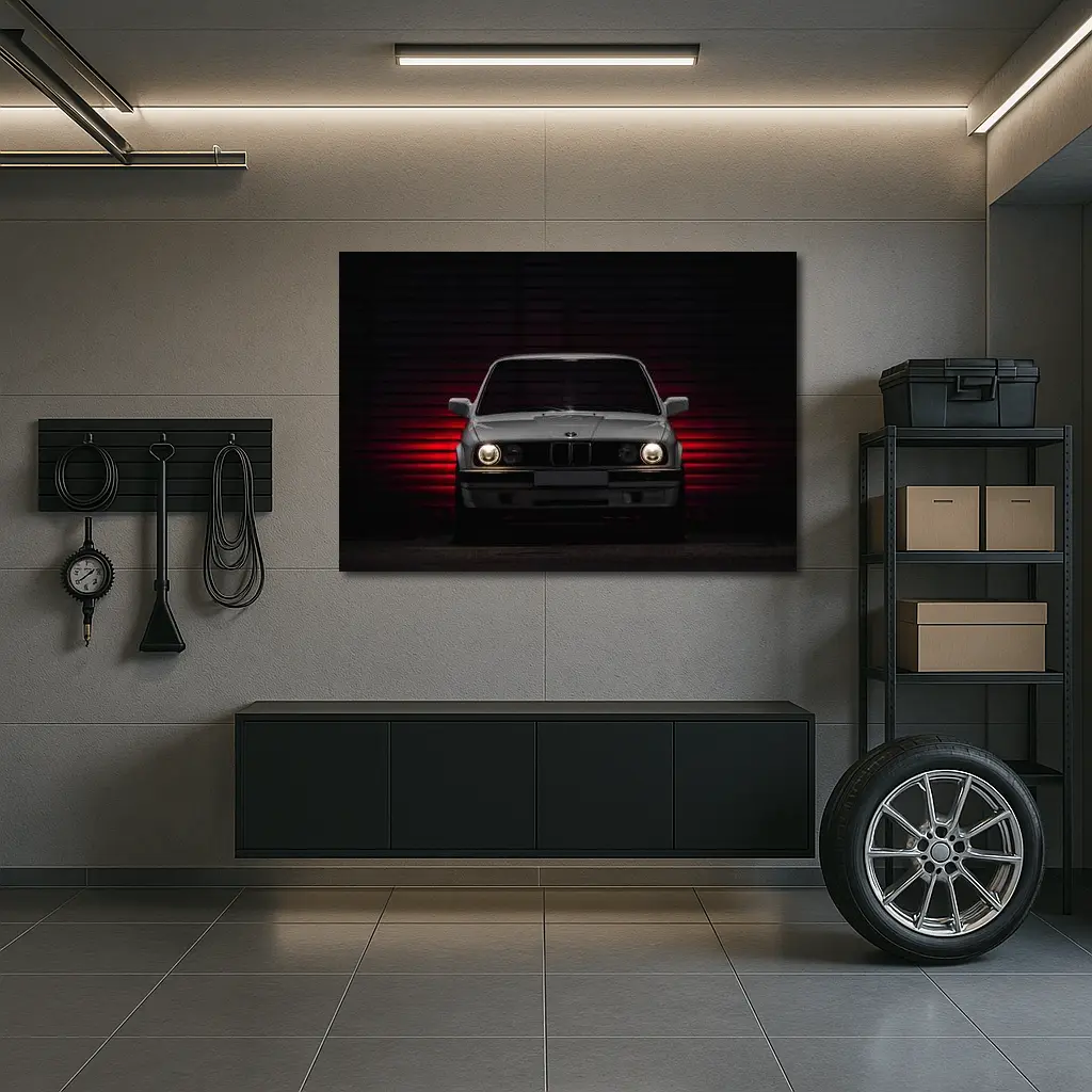 BMW E30 Front View Dark Red Background – Wall Art
