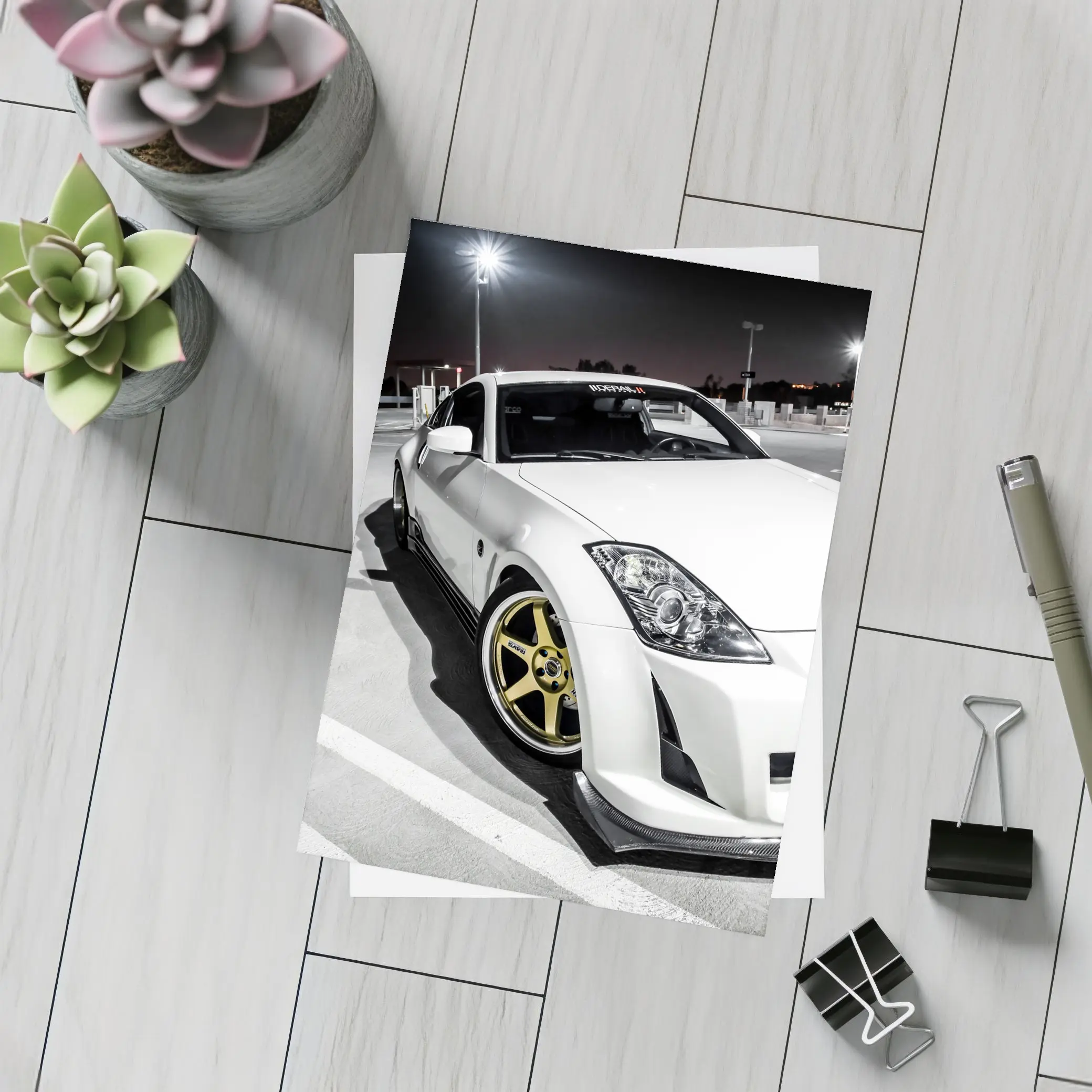 Nissan 350Z White Modified Night Parking Lot – Postcards
