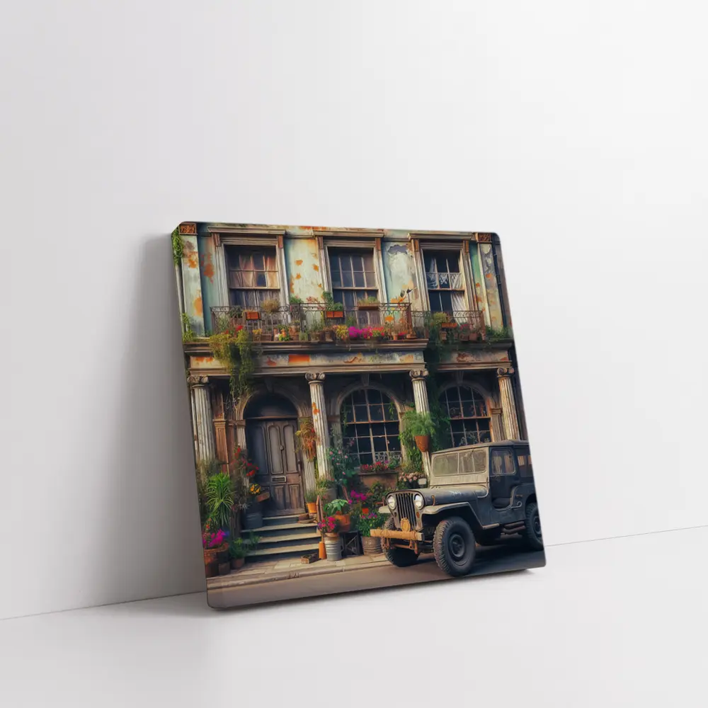 Vintage Jeep Parked Outside Rustic Building – Wall Art