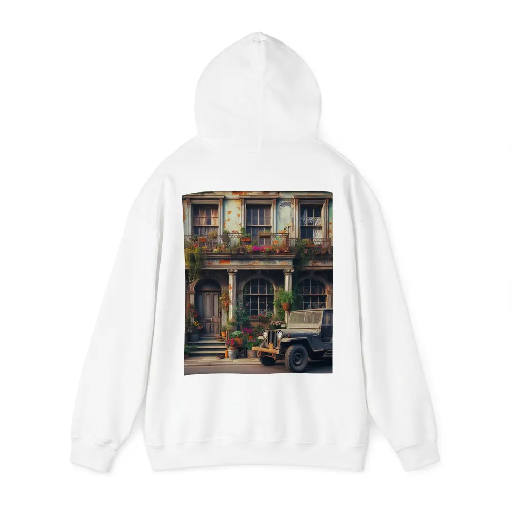 Vintage Jeep Parked Outside Rustic Building – Hoodies