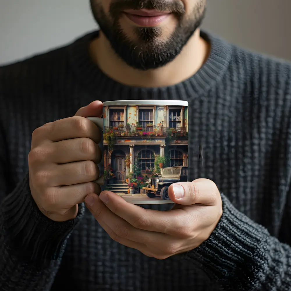 Vintage Jeep Parked Outside Rustic Building – Mugs
