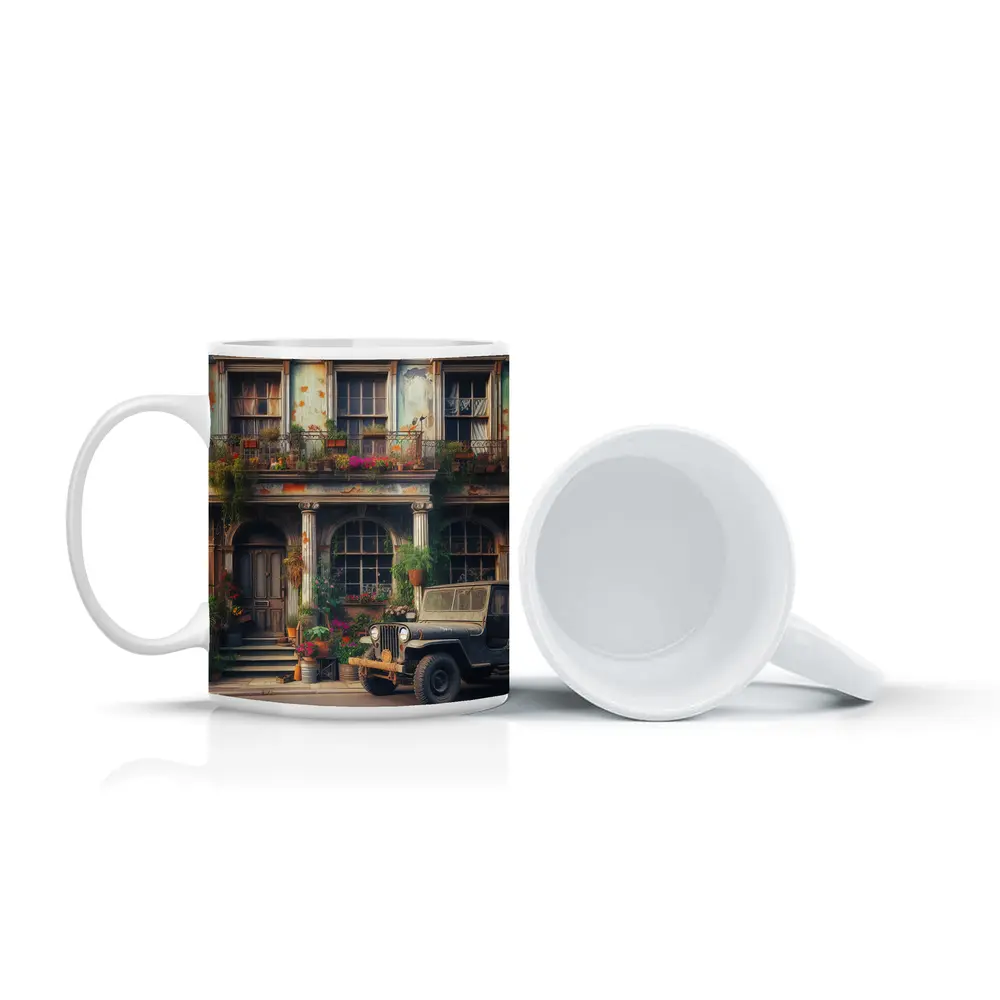 Vintage Jeep Parked Outside Rustic Building – Mugs