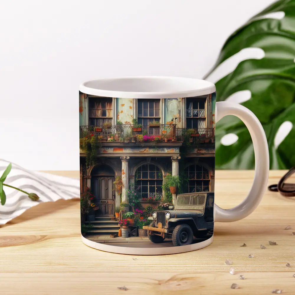 Vintage Jeep Parked Outside Rustic Building – Mugs