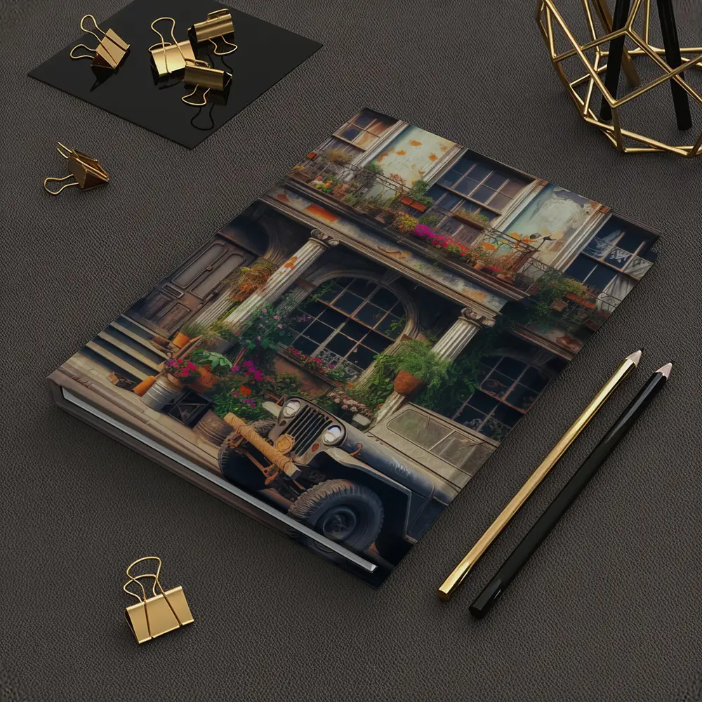 Vintage Jeep Parked Outside Rustic Building – Notebooks