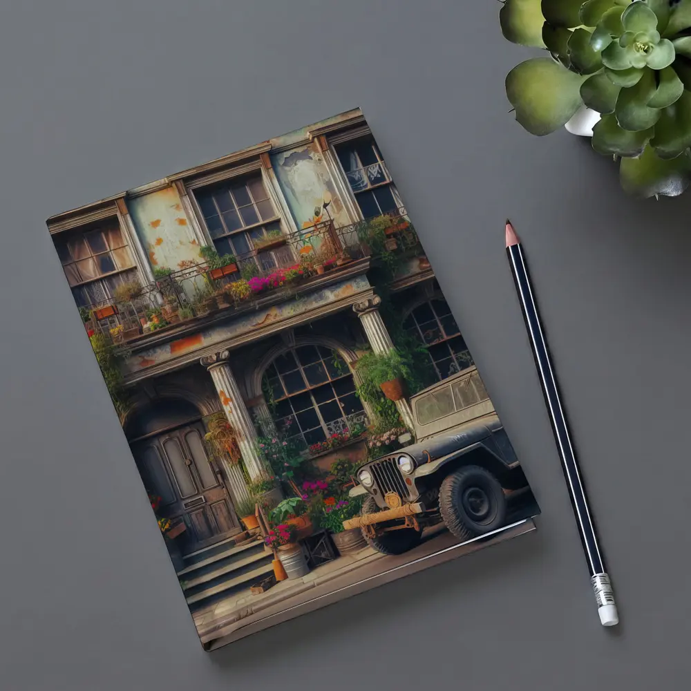 Vintage Jeep Parked Outside Rustic Building – Notebooks