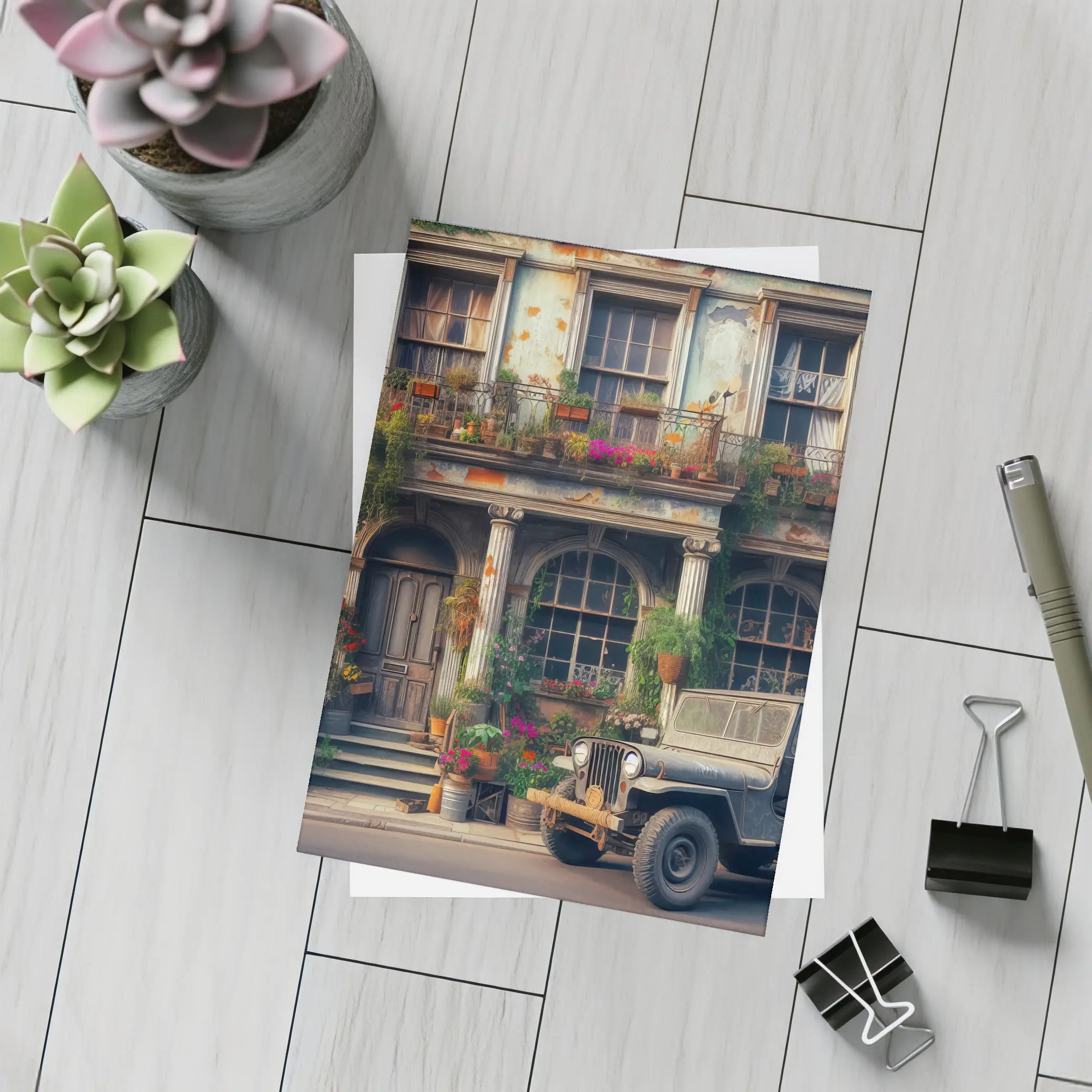 Vintage Jeep Parked Outside Rustic Building – Postcards