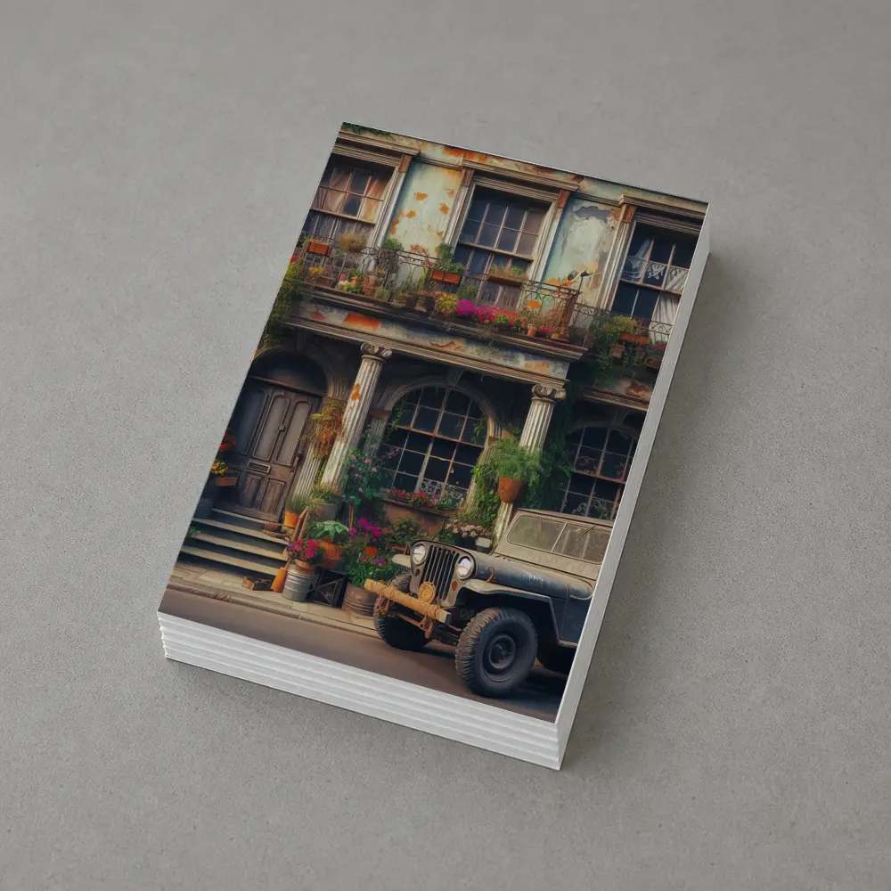 Vintage Jeep Parked Outside Rustic Building – Postcards