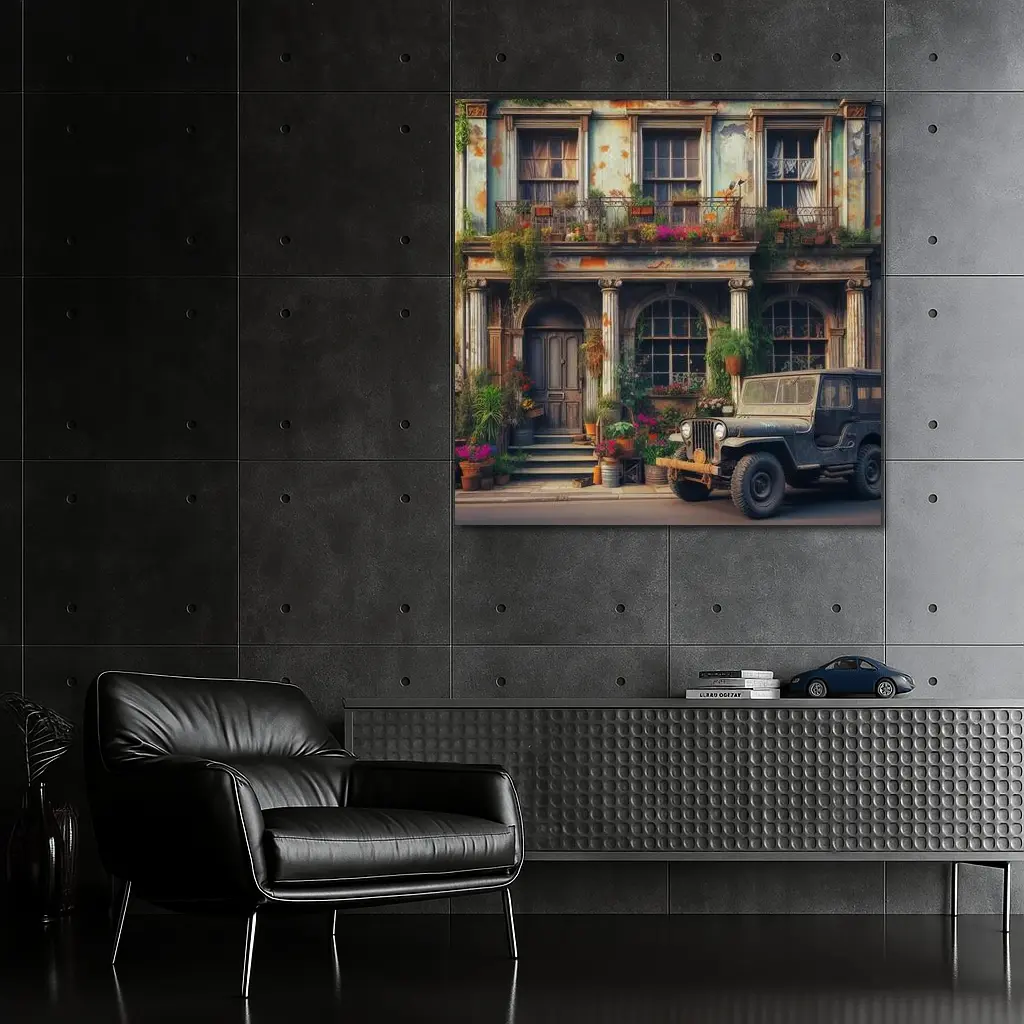 Vintage Jeep Parked Outside Rustic Building – Wall Art