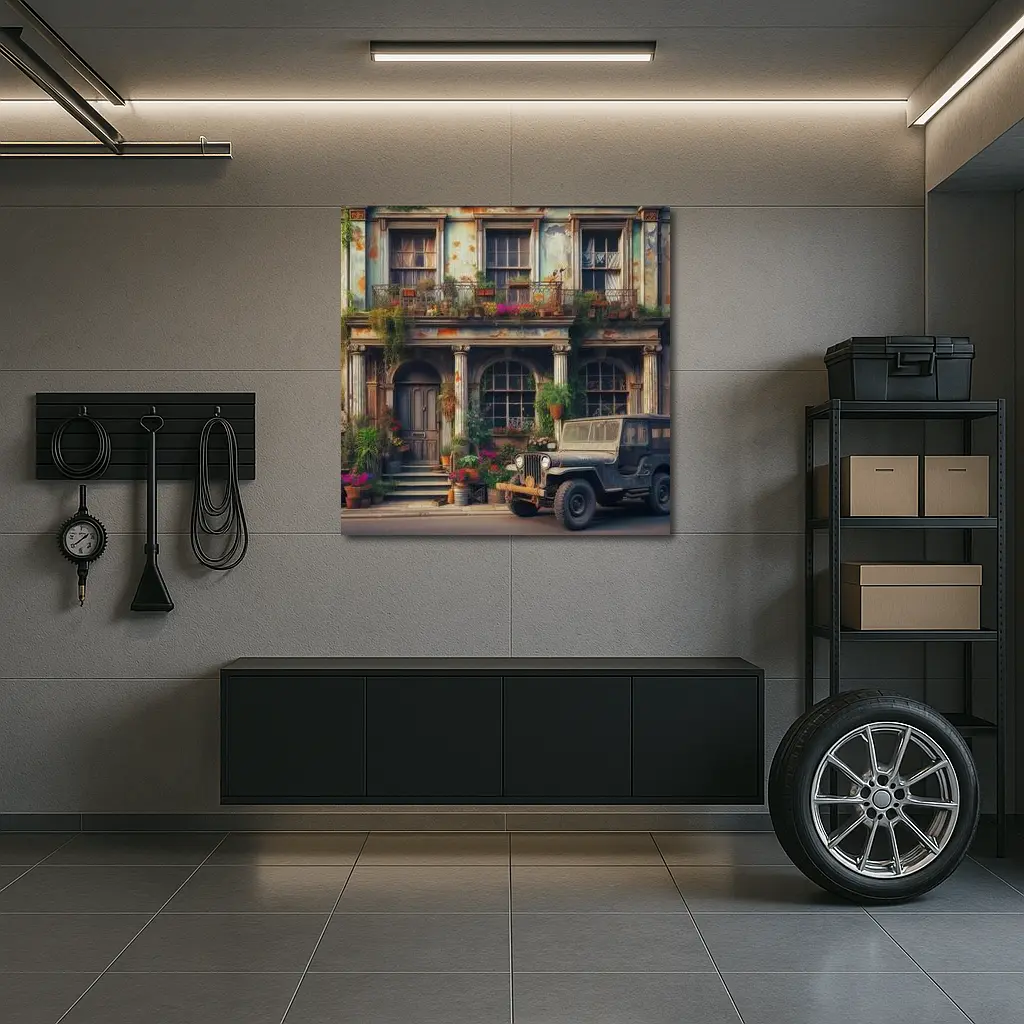 Vintage Jeep Parked Outside Rustic Building – Wall Art