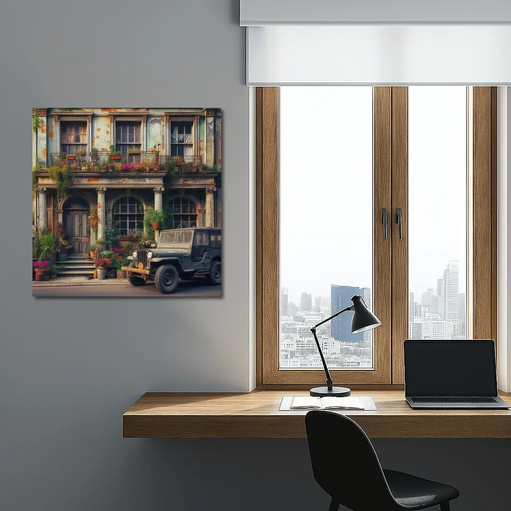 Vintage Jeep Parked Outside Rustic Building – Wall Art