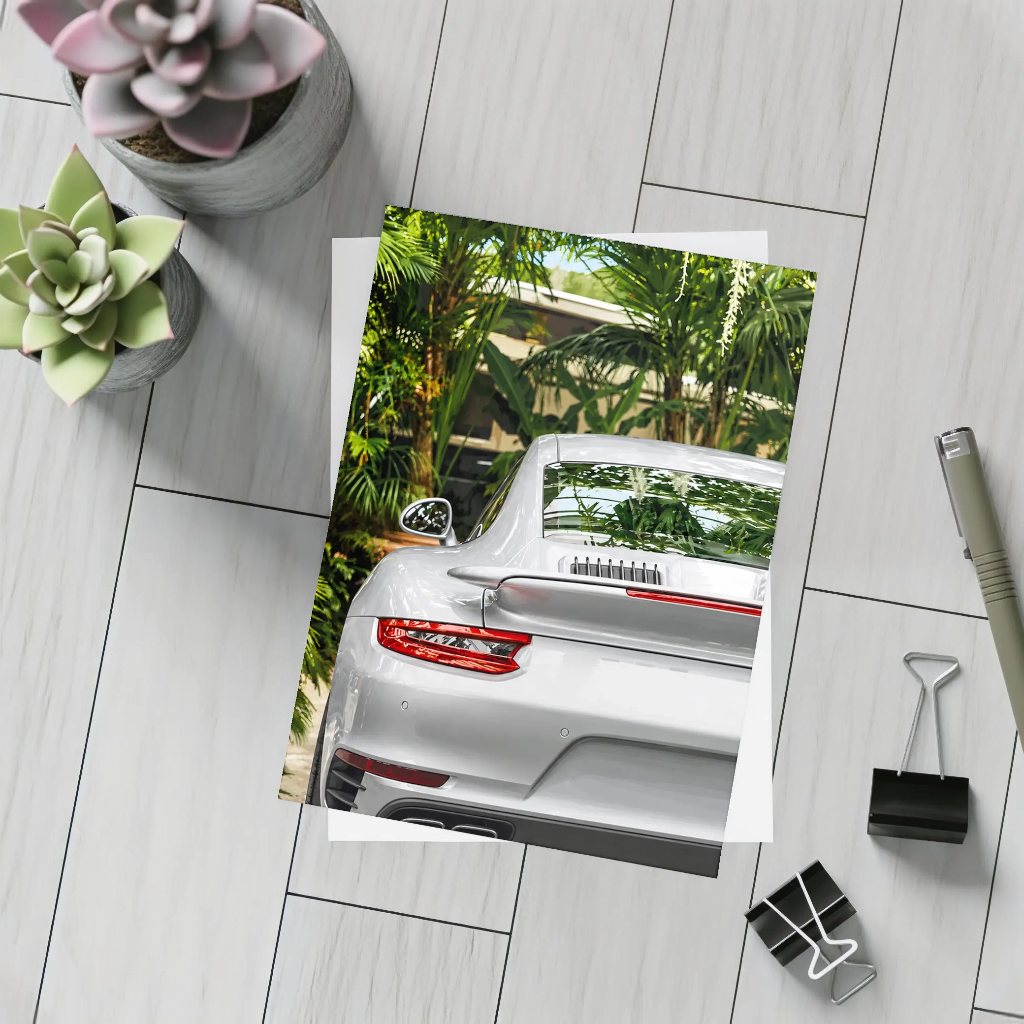 Porsche 911 Silver Rear Tropical Garden – Postcards