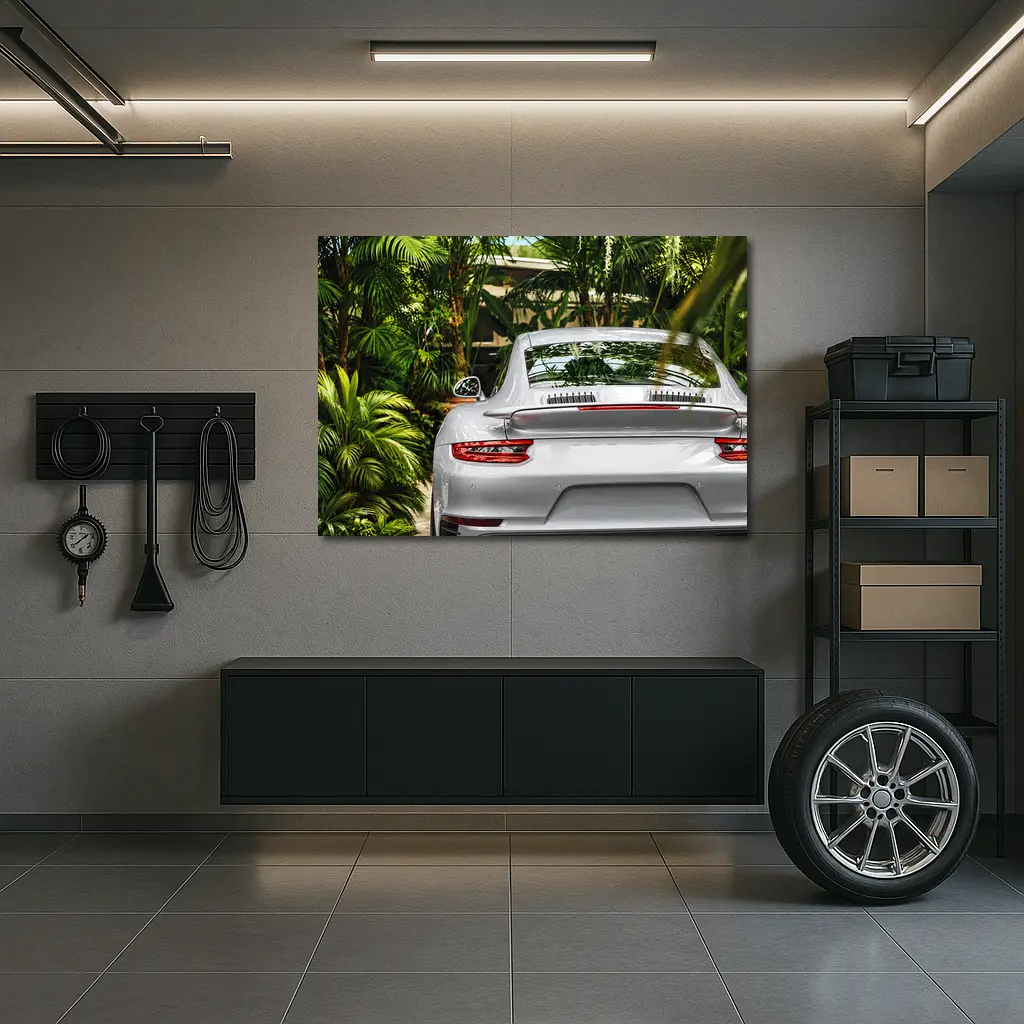 Porsche 911 Silver Rear Tropical Garden – Wall Art