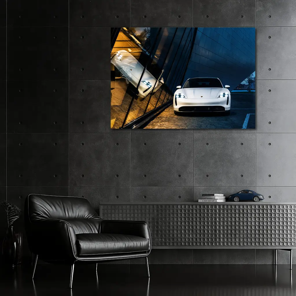 Porsche Taycan White Front View Night – Wall Art