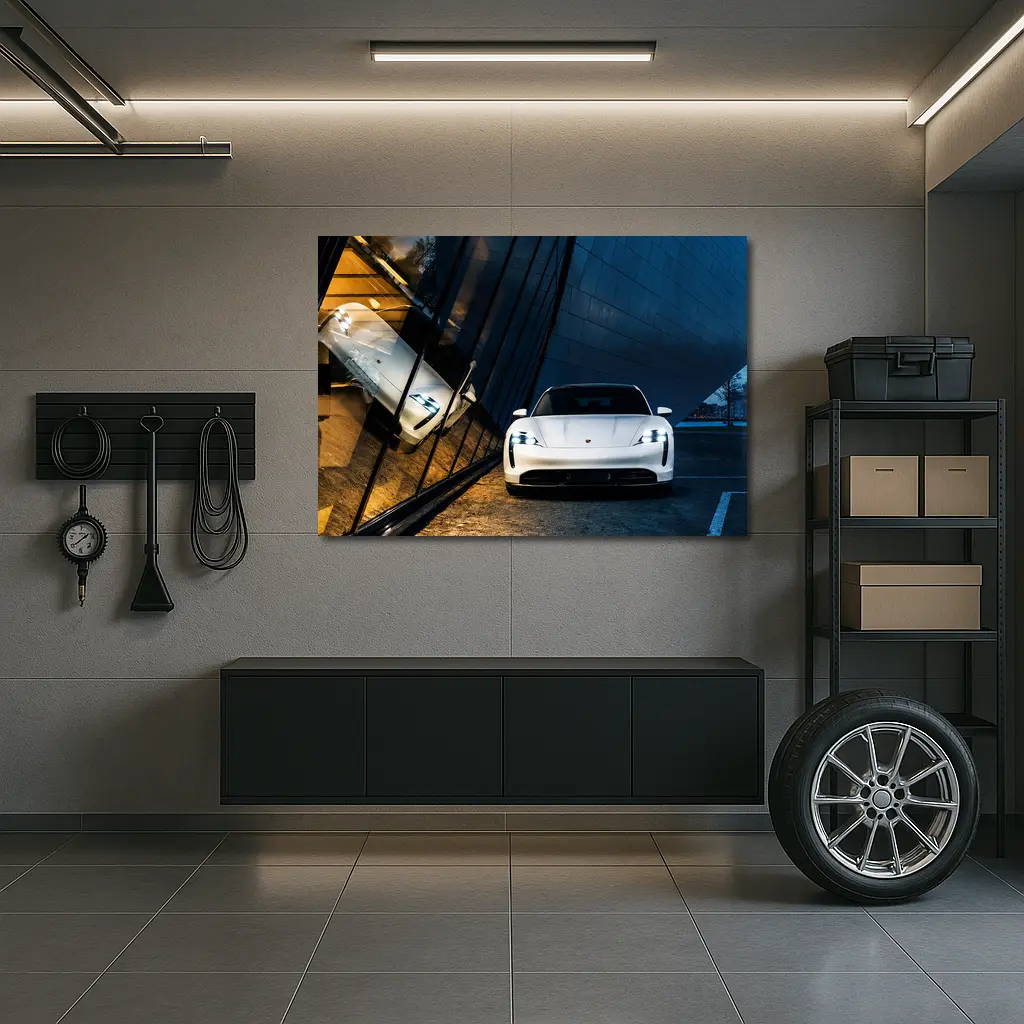 Porsche Taycan White Front View Night – Wall Art