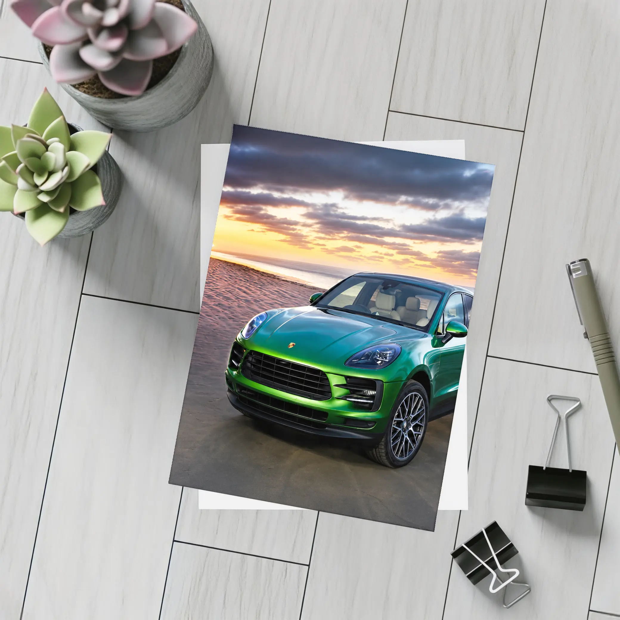 Porsche Macan Green SUV Beach Sunset – Postcards