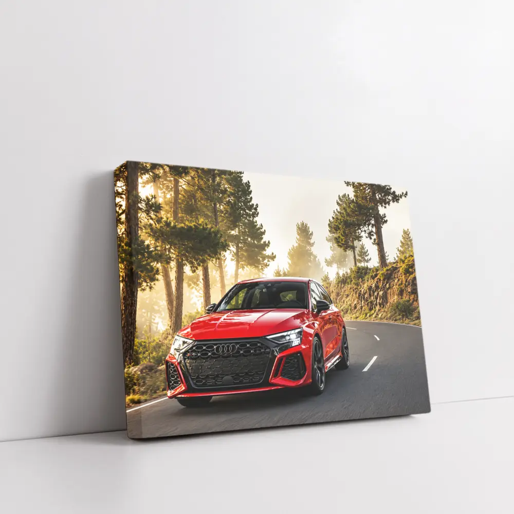 Audi RS3 Red on Misty Forest Road – Wall Art