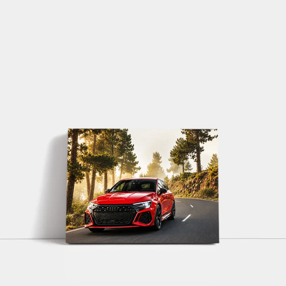 Audi RS3 Red on Misty Forest Road – Wall Art