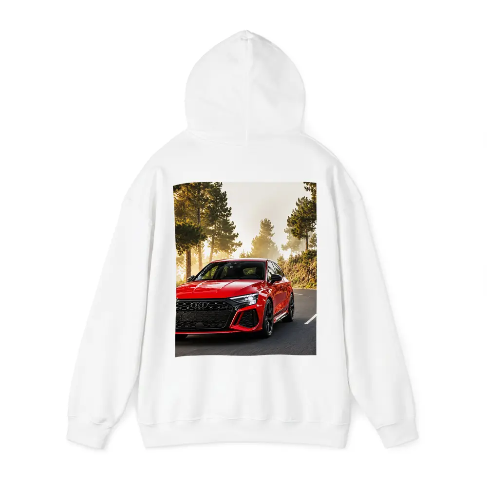 Audi RS3 Red on Misty Forest Road – Hoodies