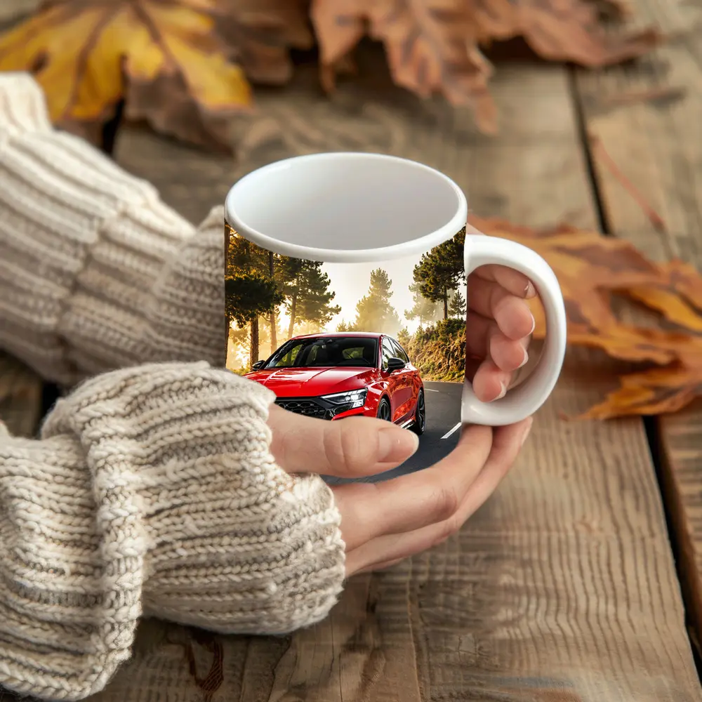 Audi RS3 Red on Misty Forest Road – Mugs