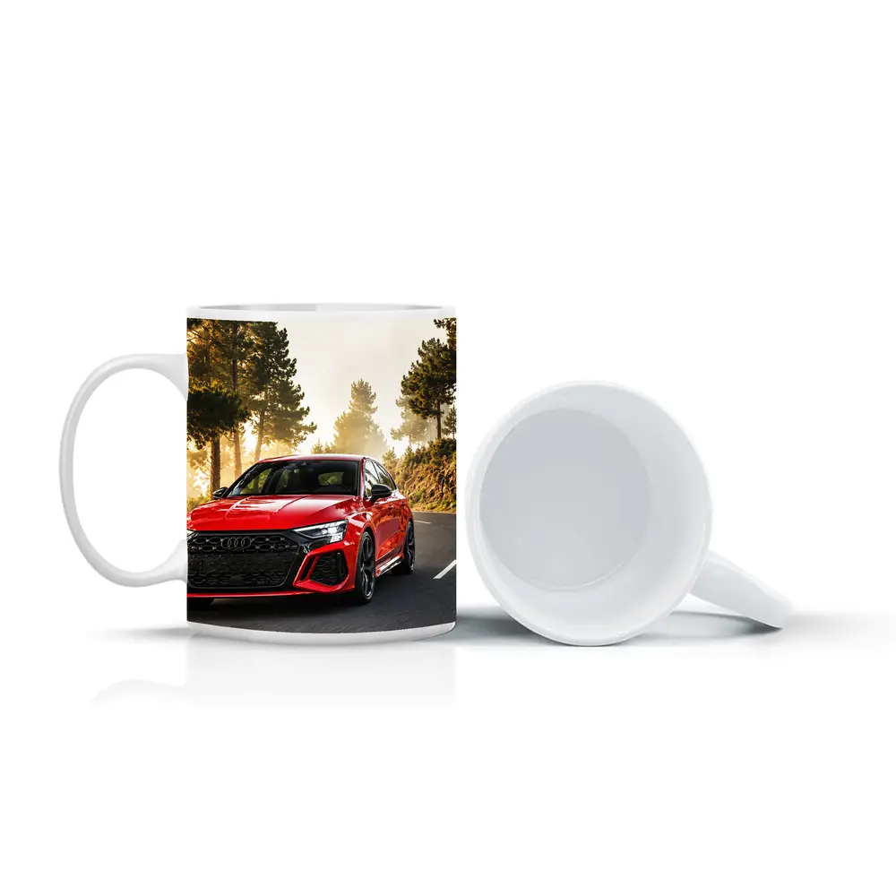 Audi RS3 Red on Misty Forest Road – Mugs