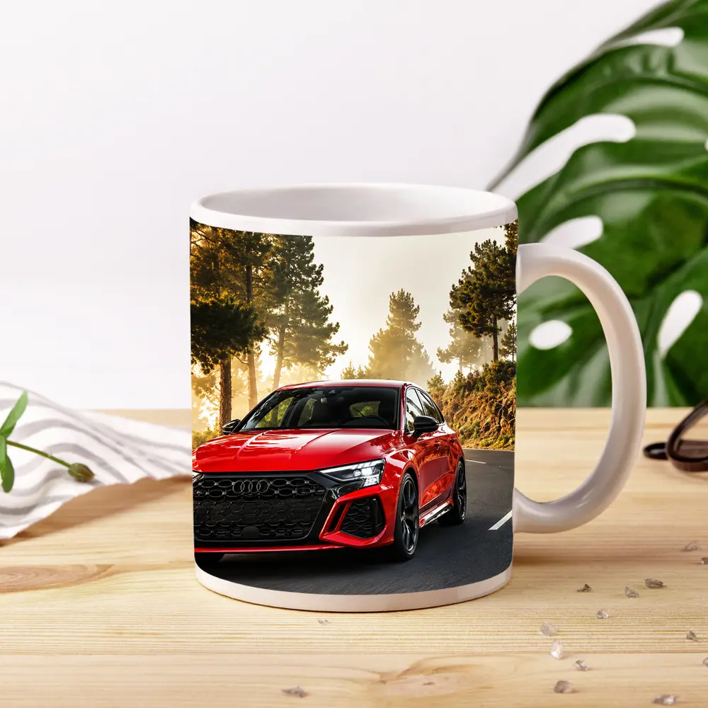 Audi RS3 Red on Misty Forest Road – Mugs