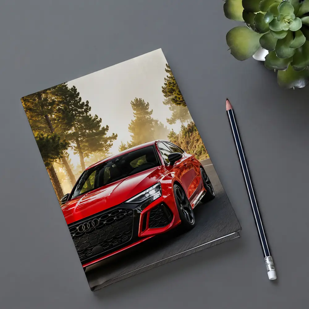 Audi RS3 Red on Misty Forest Road – Notebooks
