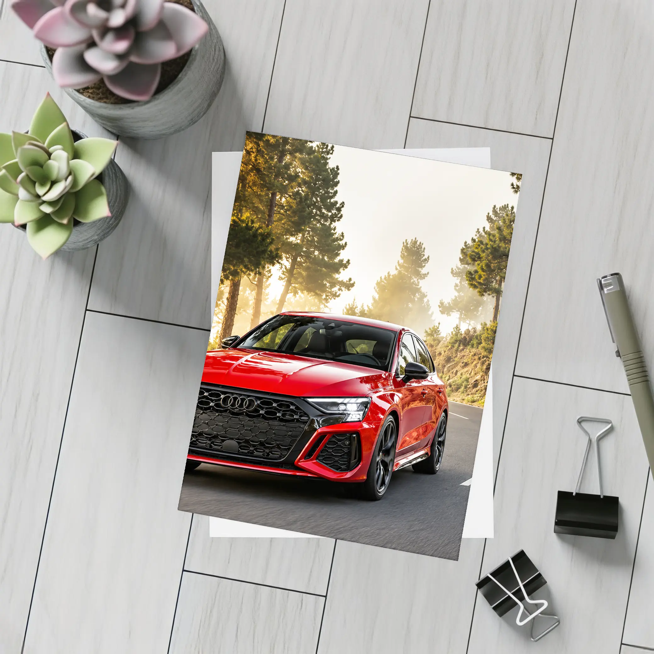 Audi RS3 Red on Misty Forest Road – Postcards