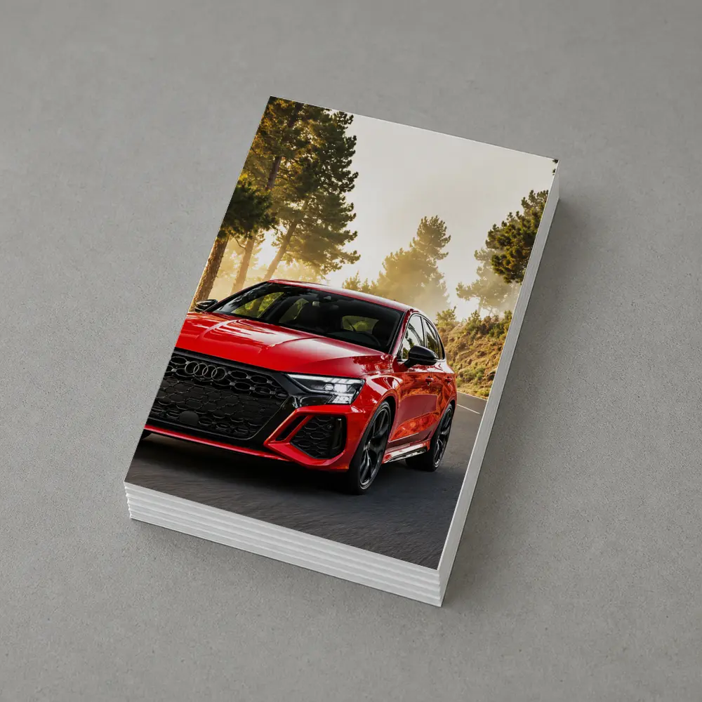 Audi RS3 Red on Misty Forest Road – Postcards
