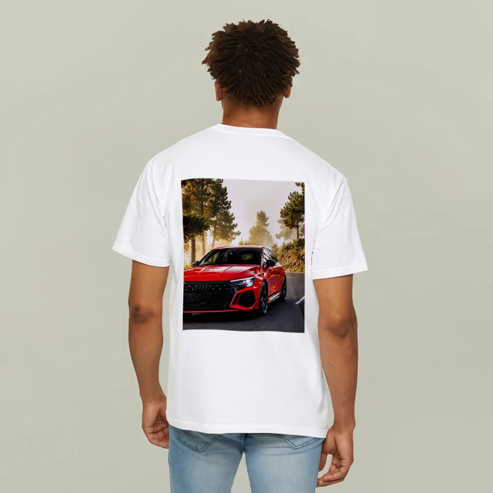 Audi RS3 Red on Misty Forest Road – T-Shirts