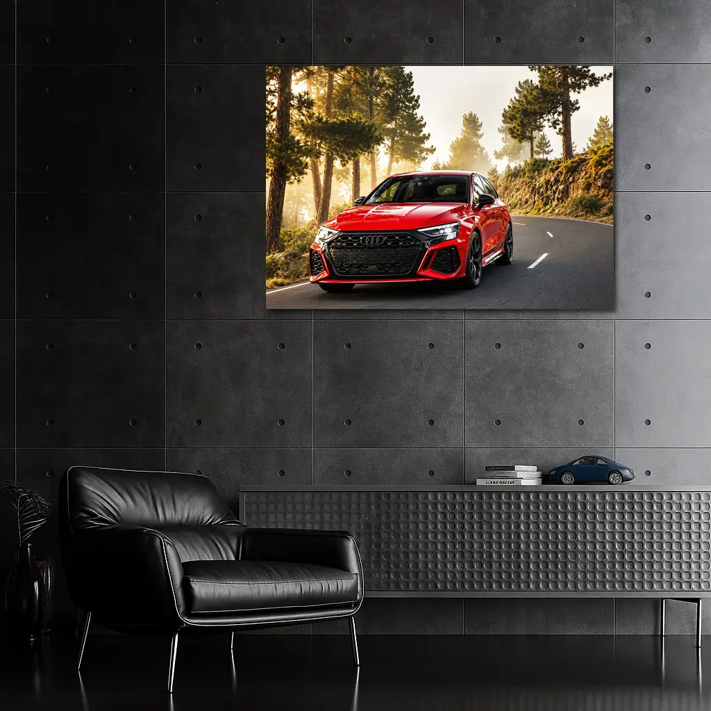 Audi RS3 Red on Misty Forest Road – Wall Art