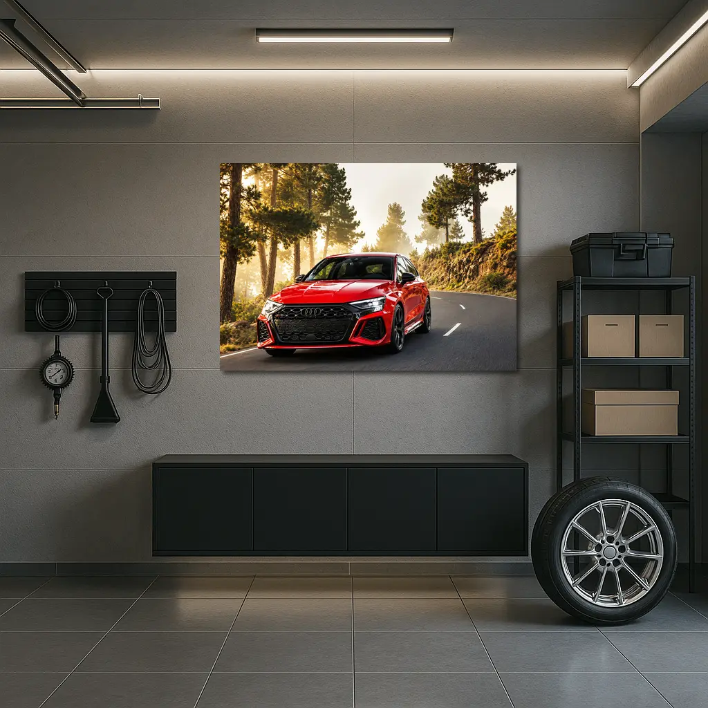 Audi RS3 Red on Misty Forest Road – Wall Art