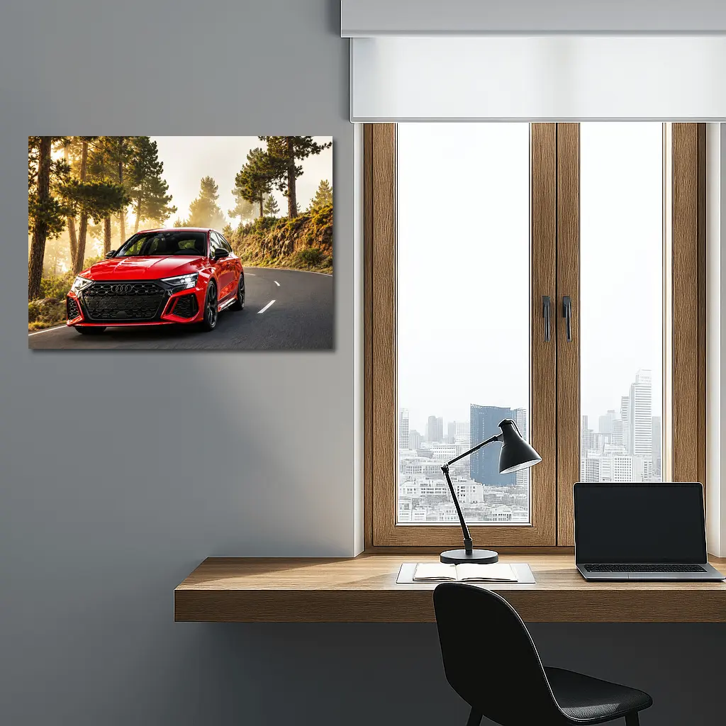 Audi RS3 Red on Misty Forest Road – Wall Art