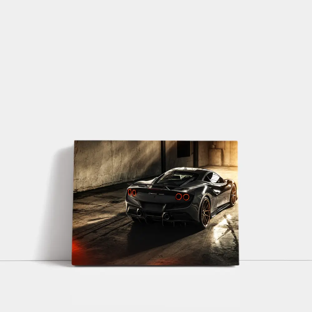 Ferrari F8 Black Supercar Warehouse Rear View – Wall Art