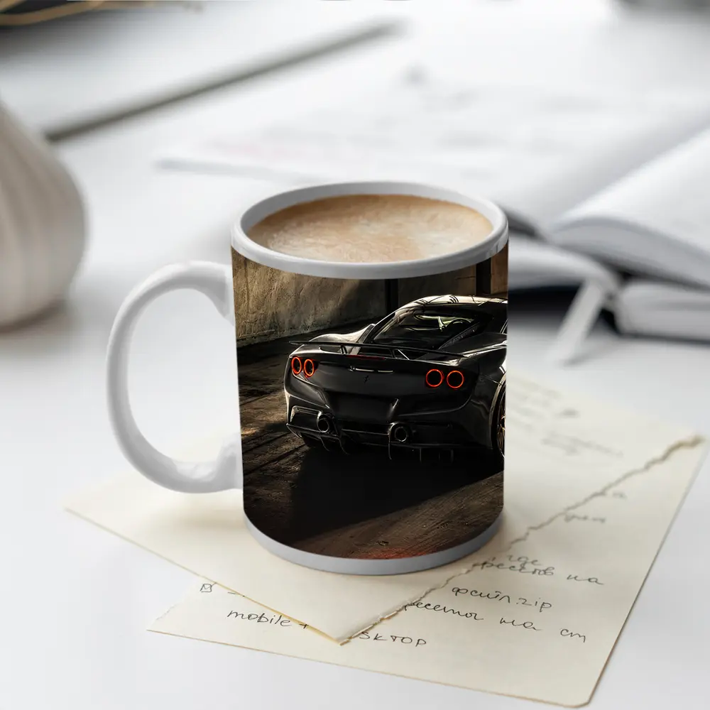 Ferrari F8 Black Supercar Warehouse Rear View – Mugs