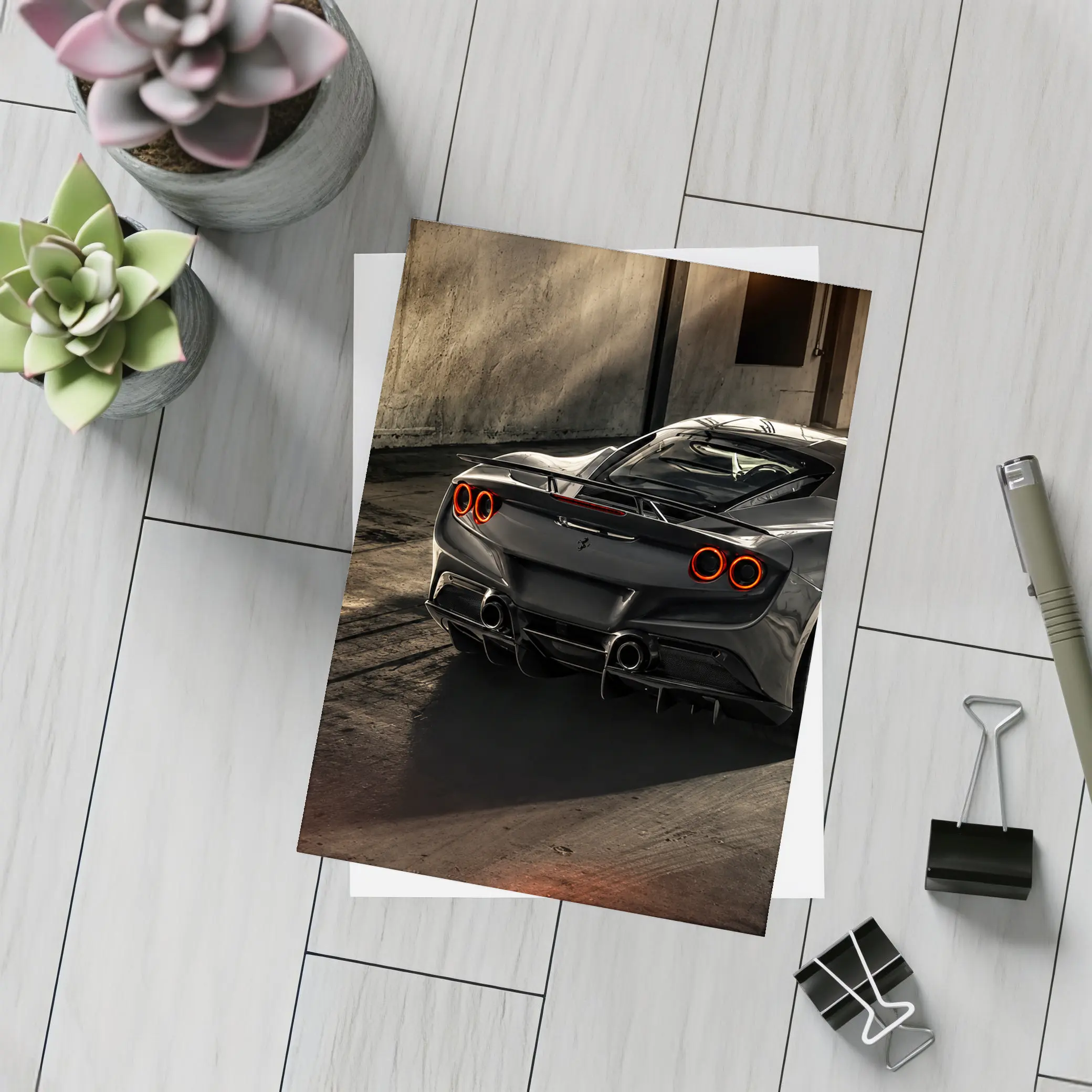 Ferrari F8 Black Supercar Warehouse Rear View – Postcards
